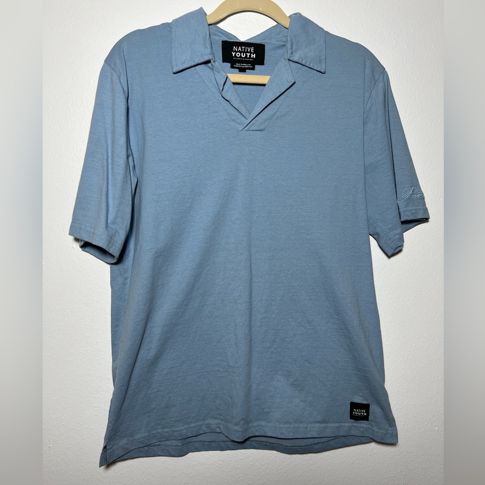 Native Youth Sky Blue Polo Short Sleeve Collared Shirt Size Medium